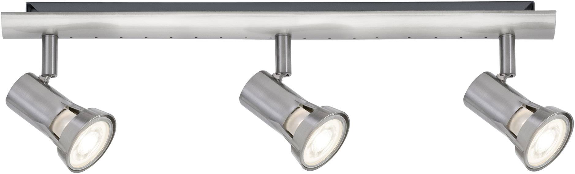 Plafonnier à trois spots orientables en finition inox, chacun équipé d'une source lumineuse focalisée. Idéal pour un éclairage directionnel précis.