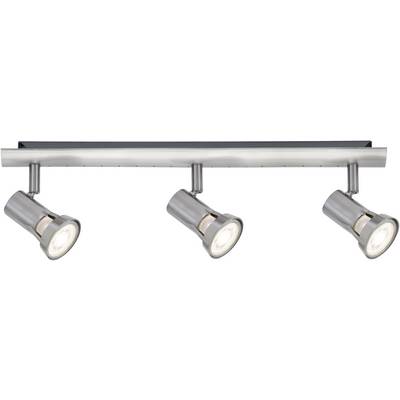 Plafonnier à trois spots orientables en finition inox, chacun équipé d'une source lumineuse focalisée. Idéal pour un éclairage directionnel précis.