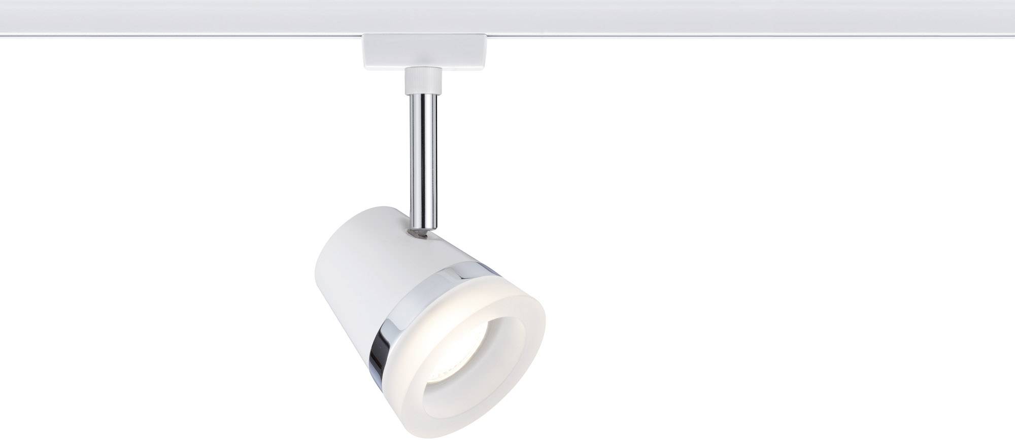 Un projecteur LED blanc avec une tête orientable est monté sur un rail et éclaire vers le bas.