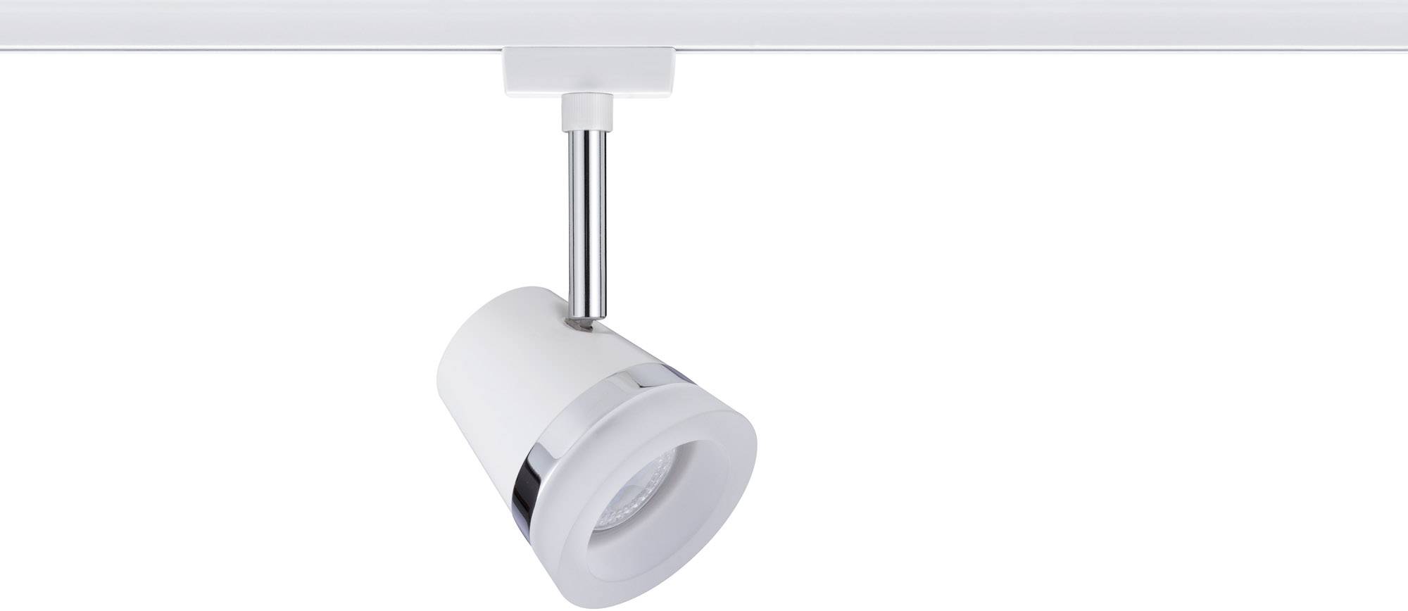 Un projecteur LED blanc monté sur un rail, utilisable pour un éclairage ciblé des espaces.