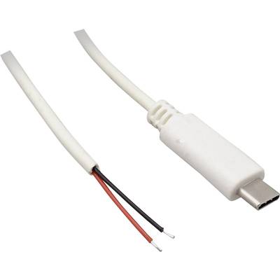 Un câble USB-C avec une extrémité ouverte montre des fils noirs et rouges exposés.