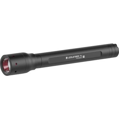Lampe de poche LED noire avec boîtier cylindrique et accent rouge sur la lentille. La marque et le nom du modèle sont visibles sur le côté.