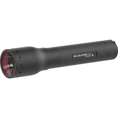 Une lampe de poche LED noire avec un boîtier robuste, portant sur le côté l'inscription 'LEDLENSER P14 770 LUMENS'.