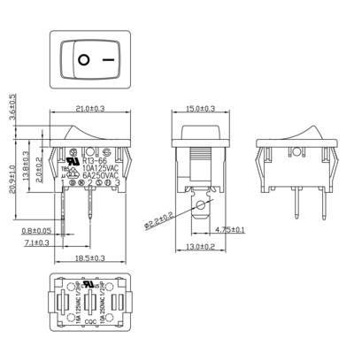 Dessin technique d'un interrupteur à bascule avec dimensions en millimètres. Présente les vues de côté, de face et de dessus pour le guide de montage.
