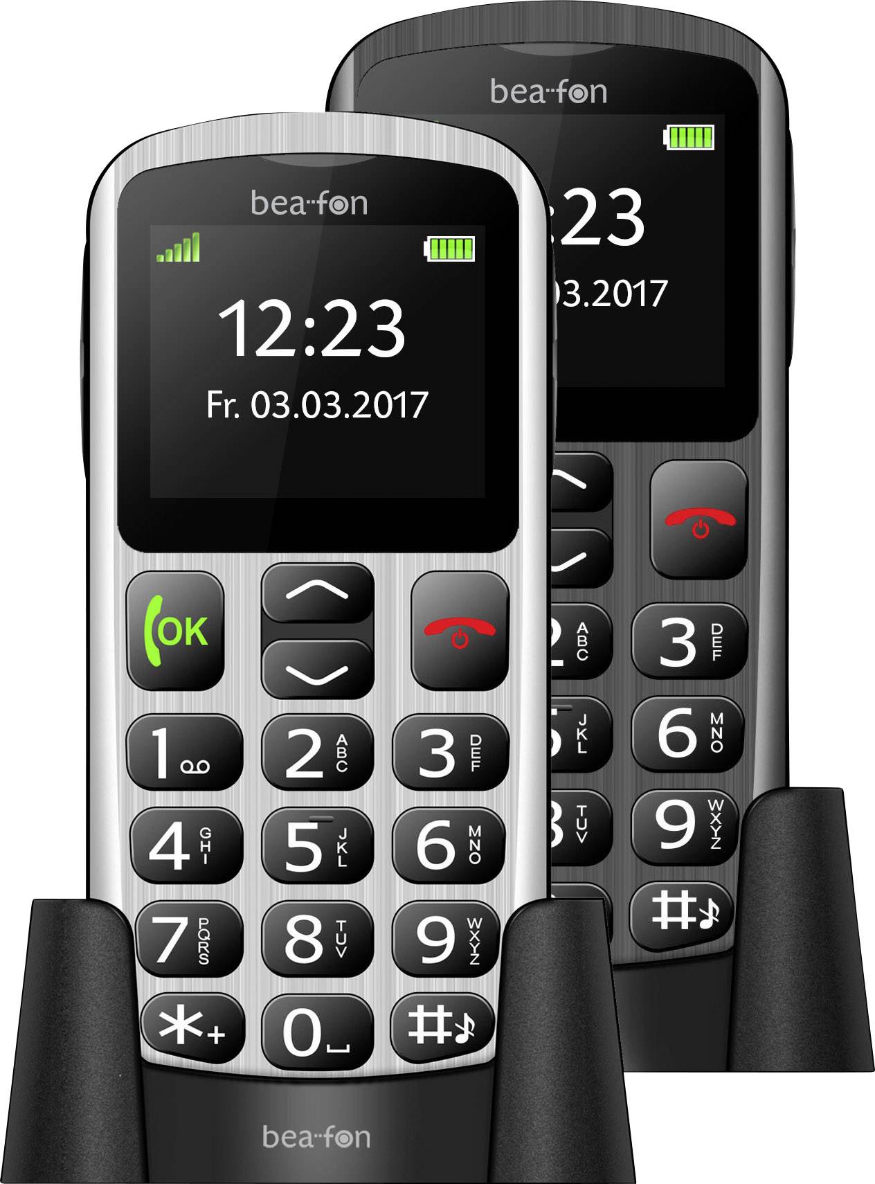 beafon SL250 Téléphone portable pour séniors avec station de charge, Touche SOS argent-noir-1