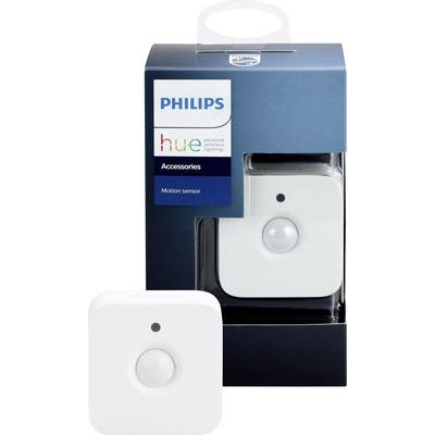 Capteur de mouvement Philips Hue dans un emballage blanc, montrant la photo du produit et le logo.