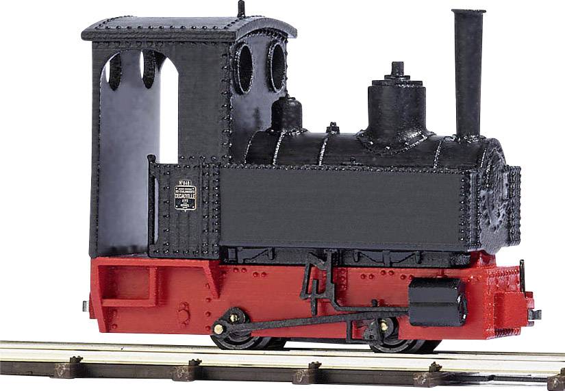 Locomotive à vapeur miniature en noir et rouge sur des rails. La locomotive a une cheminée et une cabine avec deux fenêtres.