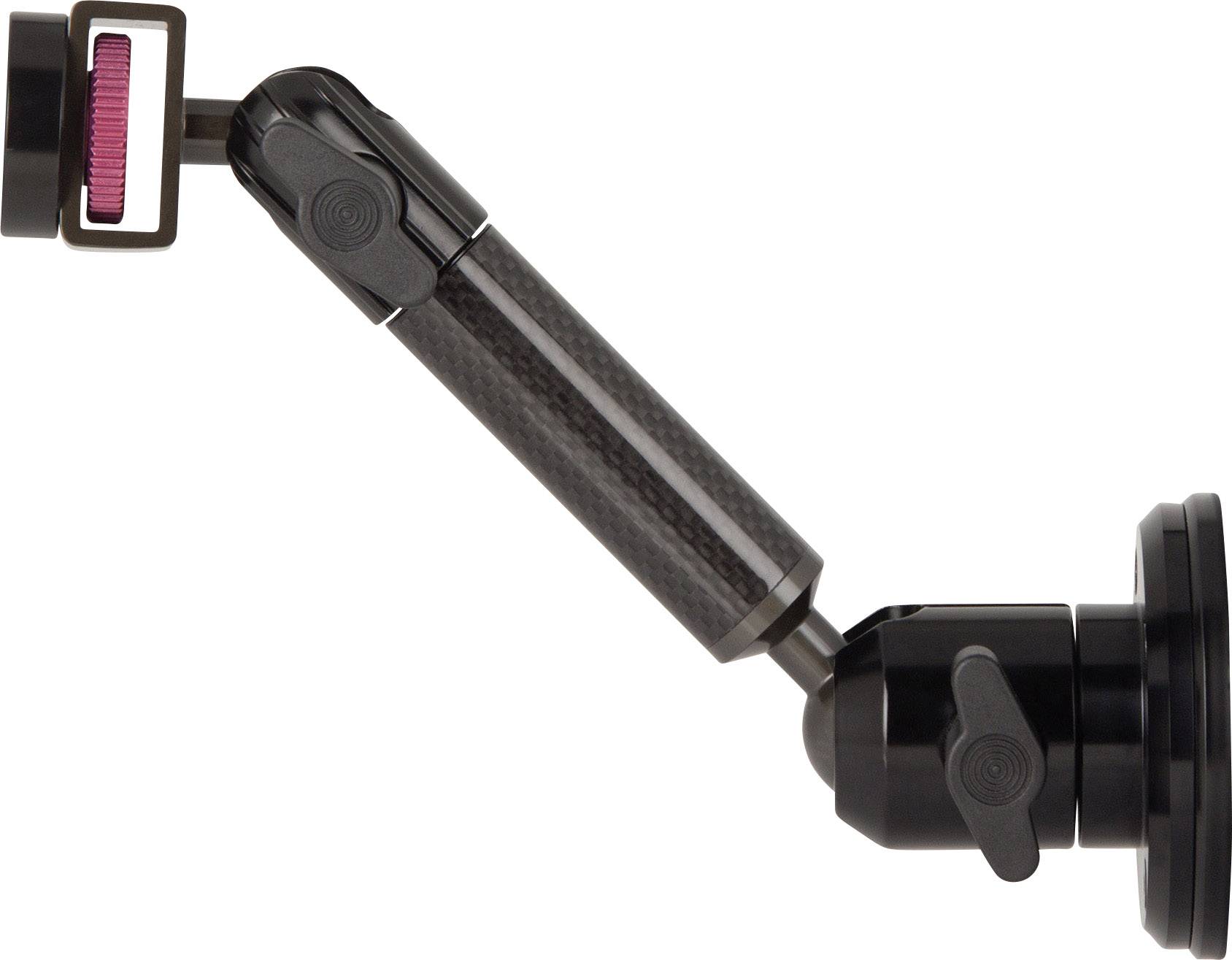 Un bras noir, ajustable, avec articulation rotative, idéal pour fixer des appareils sur différentes surfaces.