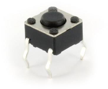 Un bouton-poussoir noir à quatre broches métalliques, typiquement utilisé pour un circuit imprimé.