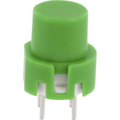 Bouton en plastique vert avec quatre broches métalliques à sa base, souvent utilisé dans les circuits électroniques.