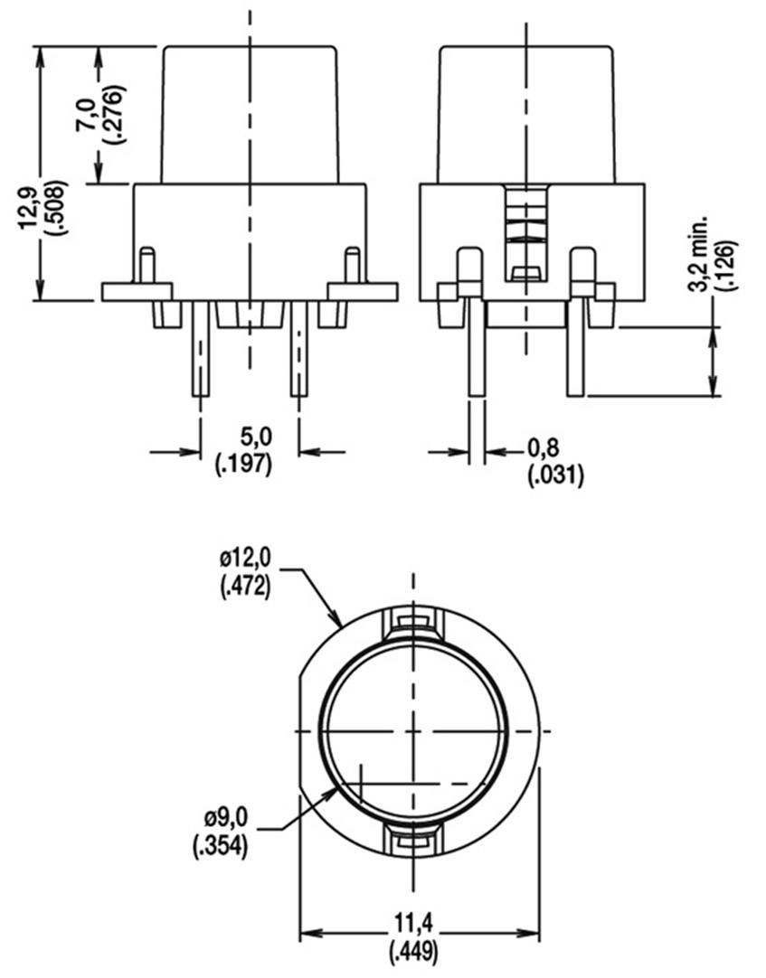 Dessin technique d'un interrupteur avec dimensions : en haut hauteur de 12,9 mm, largeur de 5,0 mm ; en bas diamètre de 12,0 mm et diamètre intérieur de 9,0 mm.