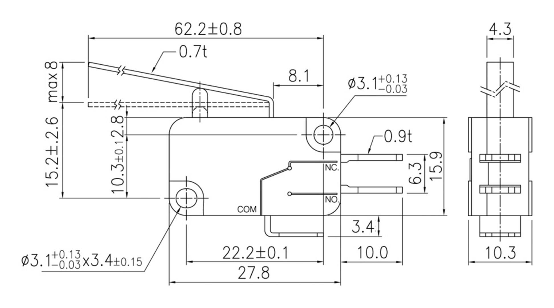 Dessin technique d'un microrupteur avec dimensions et tolérances détaillées en millimètres, connexions COM, NC, NO.