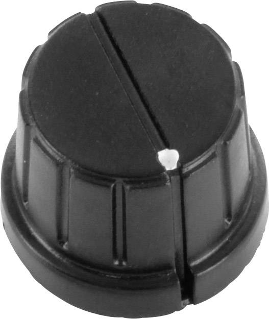 Bouton rotatif noir strié avec un trait de marquage blanc, fréquemment utilisé pour les réglages de volume sur des appareils audio ou électroniques.