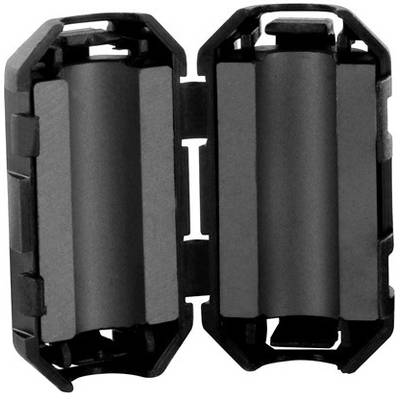 Deux pinces noires ouvertes avec des noyaux de ferrite intégrés pour le filtrage des câbles.