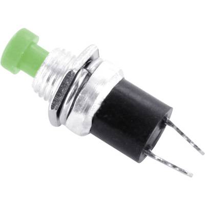 Petit bouton-poussoir vert avec boîtier argenté et deux fils de connexion, adapté aux circuits électroniques.