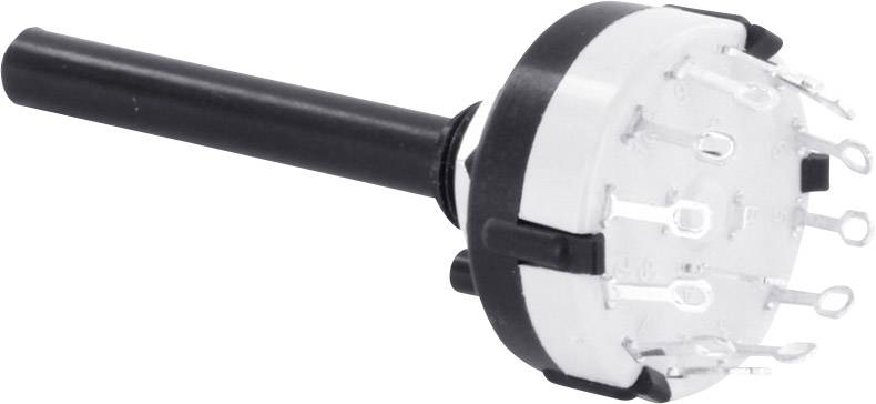 Un commutateur rotatif électrique avec une poignée noire et plusieurs contacts métalliques à sa base, conçu pour être monté sur un circuit imprimé.
