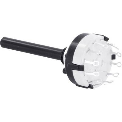 Un commutateur rotatif électrique avec une poignée noire et plusieurs contacts métalliques à sa base, conçu pour être monté sur un circuit imprimé.