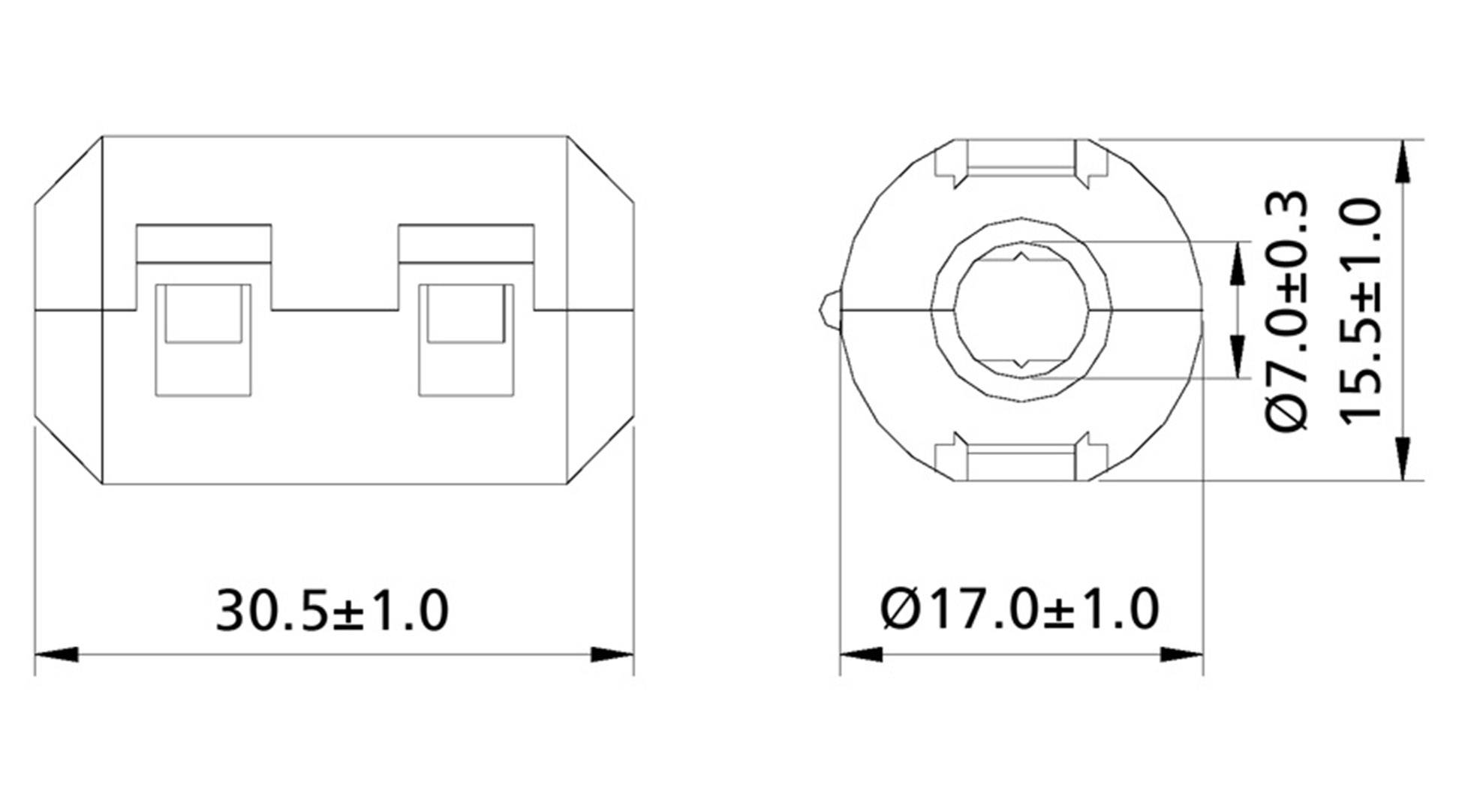 Dessin technique de deux composants : à gauche, un bloc rectangulaire (30,5±1,0 mm), à droite, un cylindre rond (Ø17,0±1,0 mm), avec d'autres dimensions et tolérances.