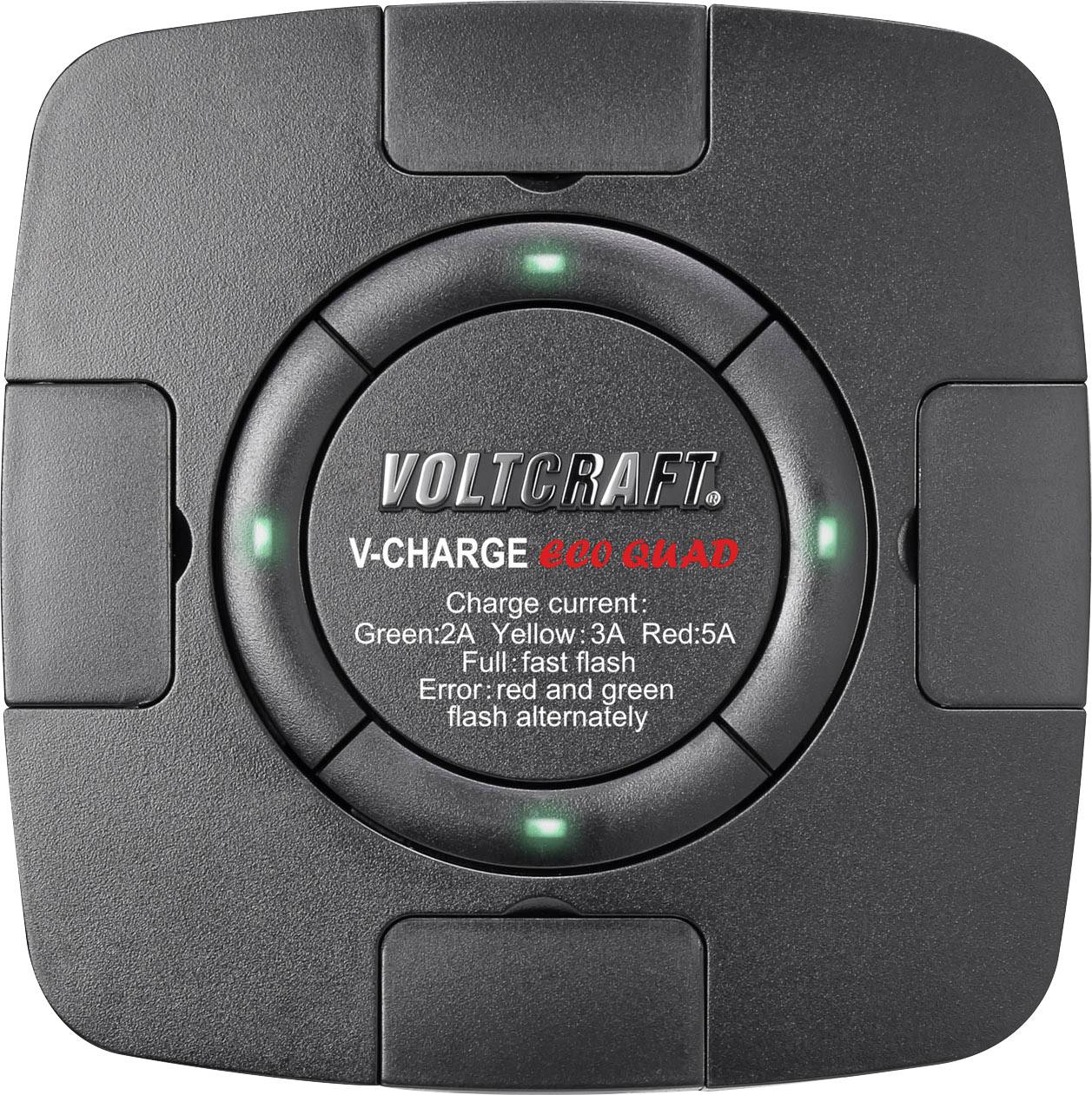 Chargeur 'Voltcraft V-Charge ECO Quad' avec quatre voyants de statut de charge en vert et rouge. Affichage du courant de charge et du statut d'erreur.