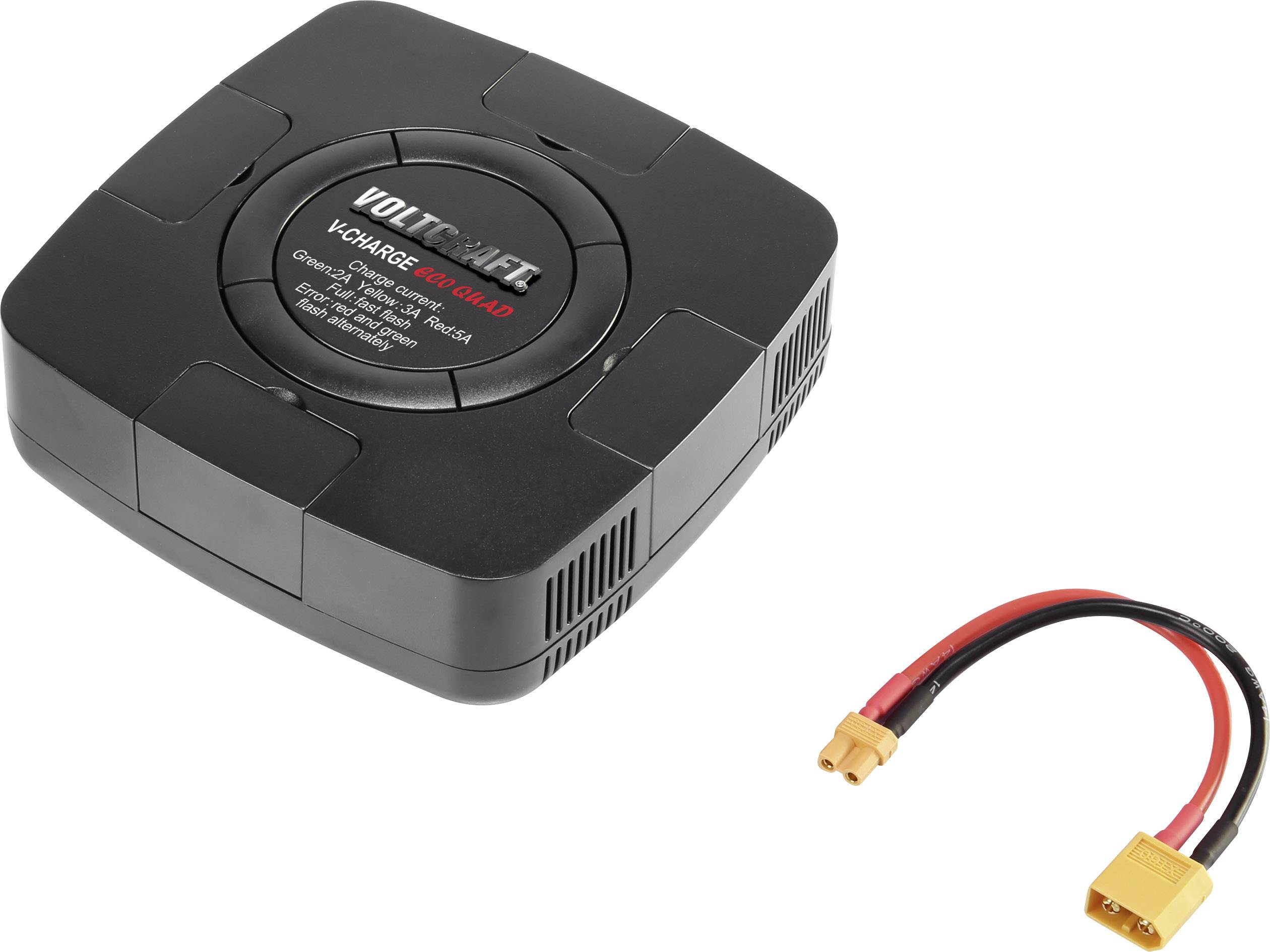 Chargeur noir portant l'inscription 'V-Charge 401 Quad' pour quadricoptère, à côté d'une fiche électrique rouge et noire avec connecteur XT60.