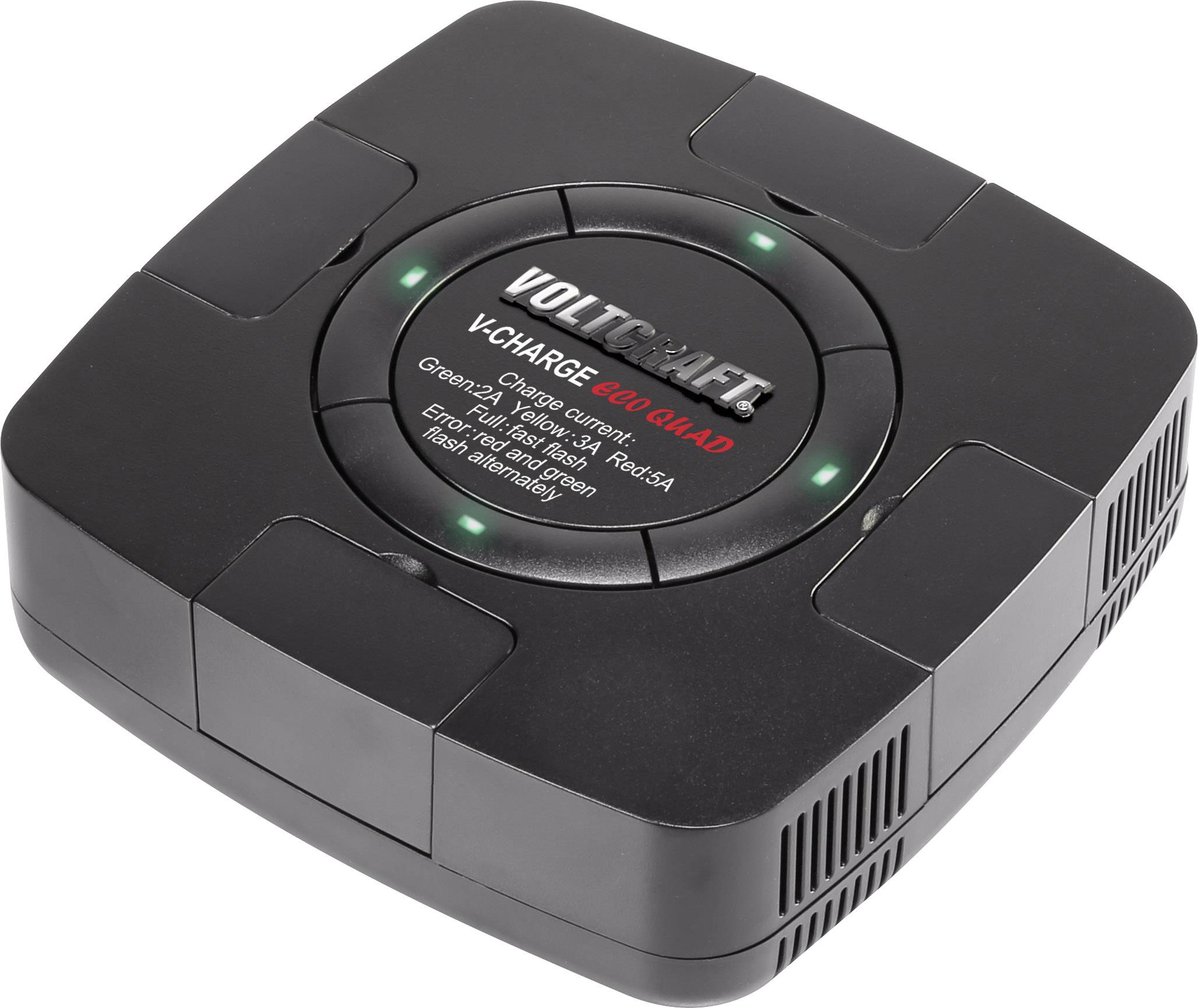 Chargeur noir avec voyants LED indiquant l'état de la batterie. Inscription : Voltcraft V-Charge Eco 4A4, adapté aux batteries NiMH/NiCd de 2 à 4 cellules.