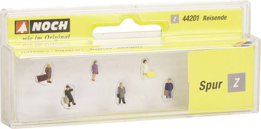 Emballage de figurines miniatures de voyageurs, échelle Z, pour train miniature. Contient six personnages peints dans différentes poses.
