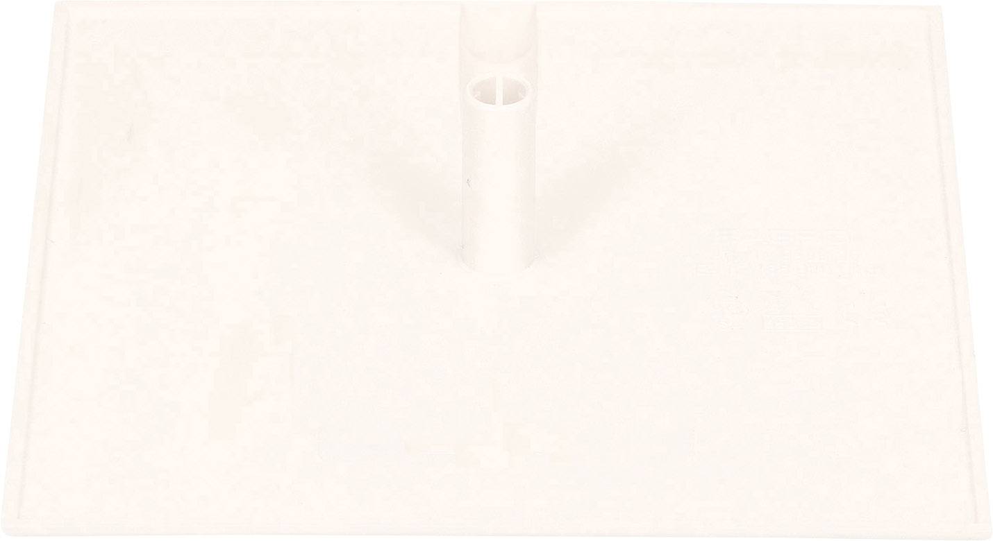 Pièce rectangulaire, plate et beige en plastique, avec une petite tige cylindrique centrale ; composant possible d'un kit de construction.