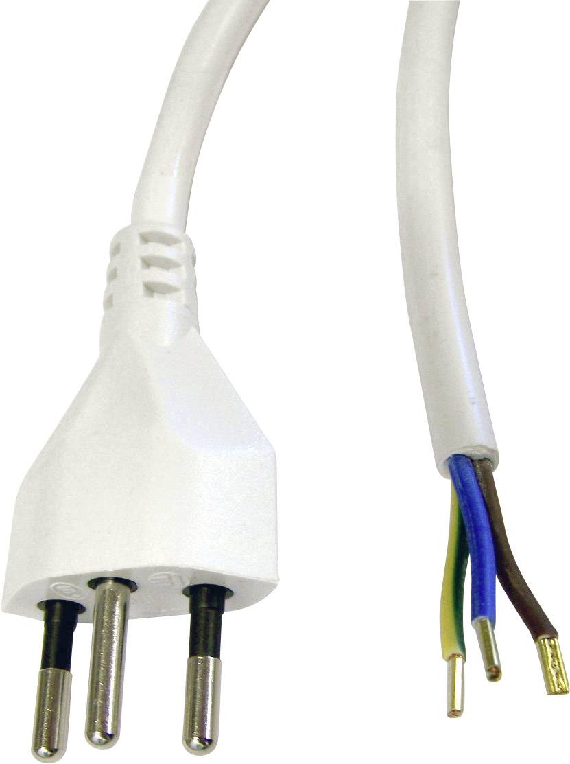 Un câble réseau blanc avec trois fils dénudés à l'extrémité et une fiche tripolaire, adapté à l'alimentation électrique.