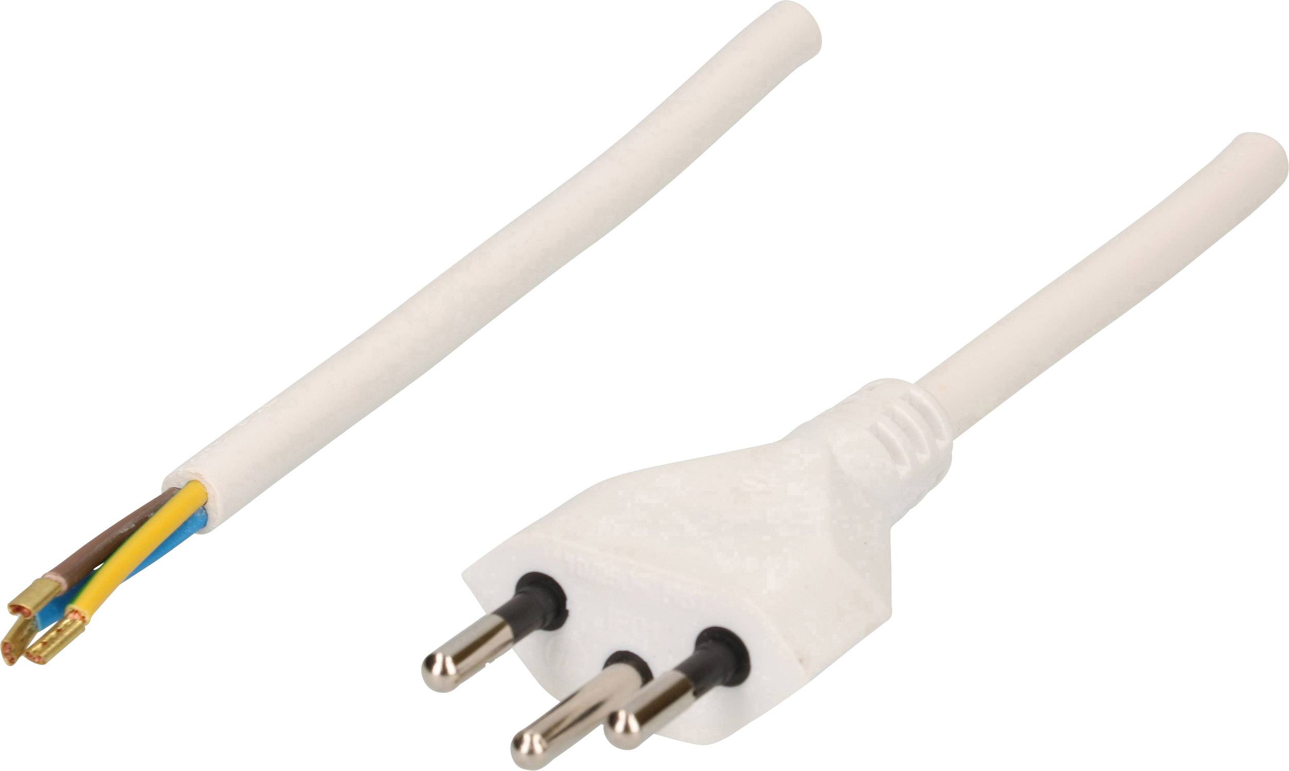 Câble électrique blanc avec isolation ouverte d'un côté et fiche tripolaire de l'autre côté.