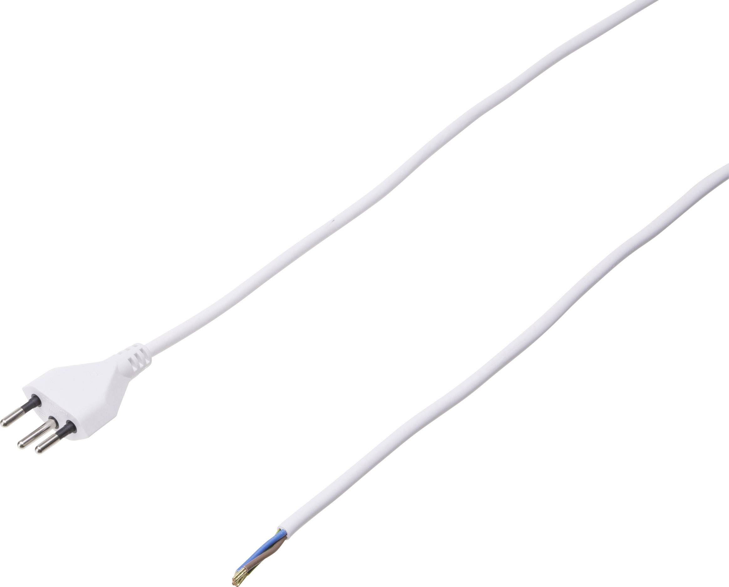 Un câble électrique blanc avec une fiche tripolaire d'un côté et des fils dénudés de l'autre côté.