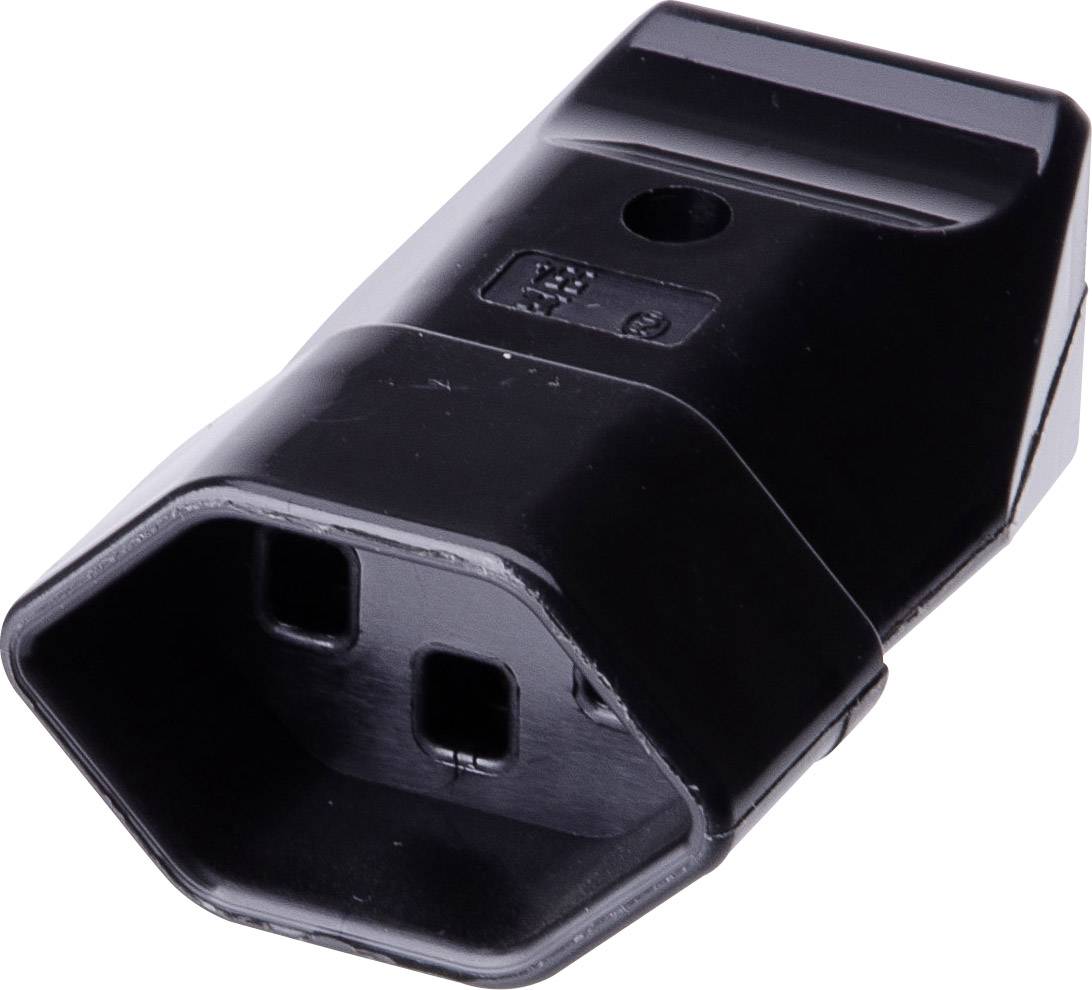 Un adaptateur noir en forme d'hexagone avec deux ouvertures rectangulaires.