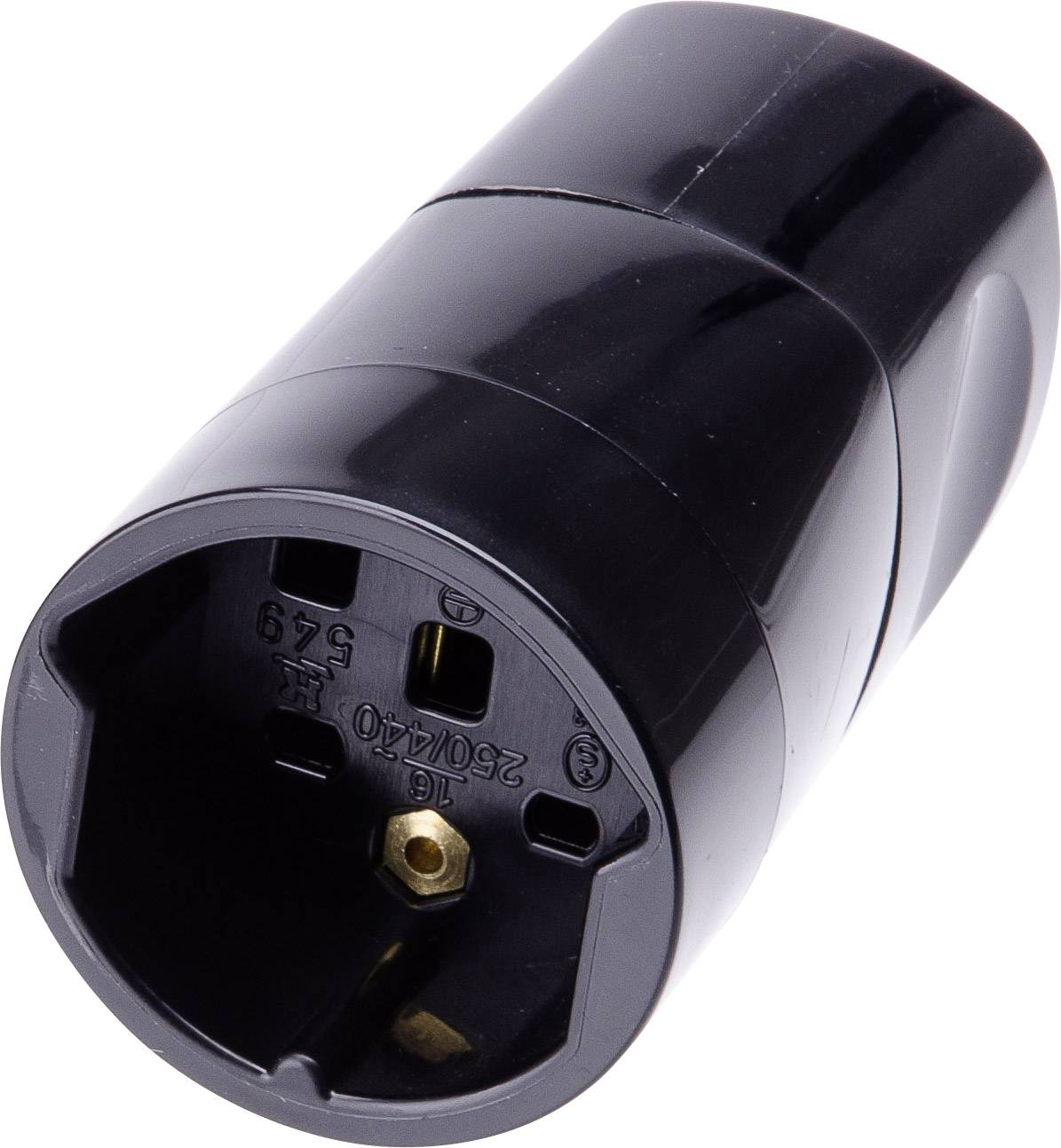 Un adaptateur de prise noir de forme ronde, offrant plusieurs possibilités de branchement, adapté aux fiches électriques européennes.