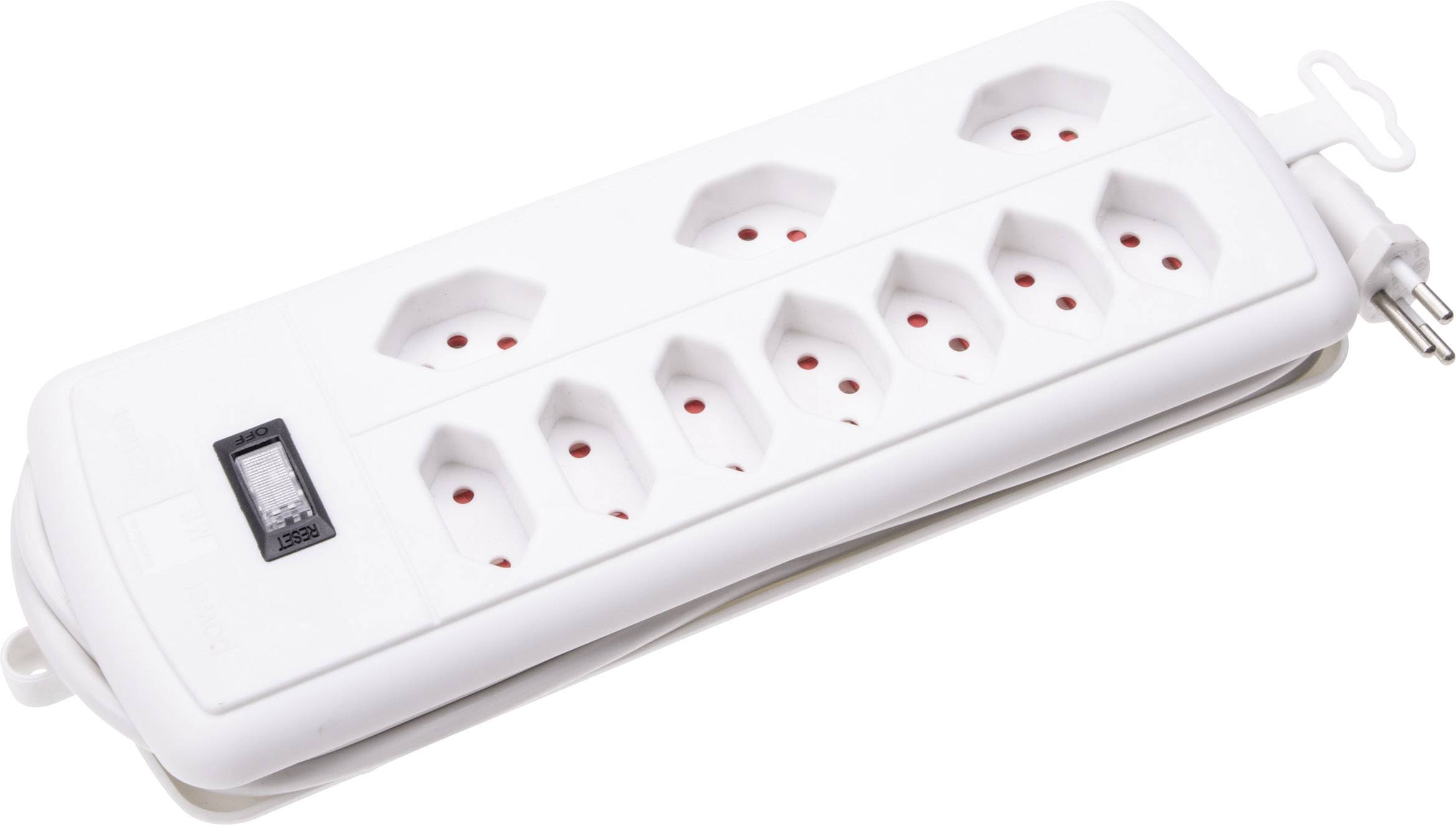 Multiprise blanche à huit emplacements avec interrupteur marche/arrêt, adaptée à plusieurs appareils électroniques.