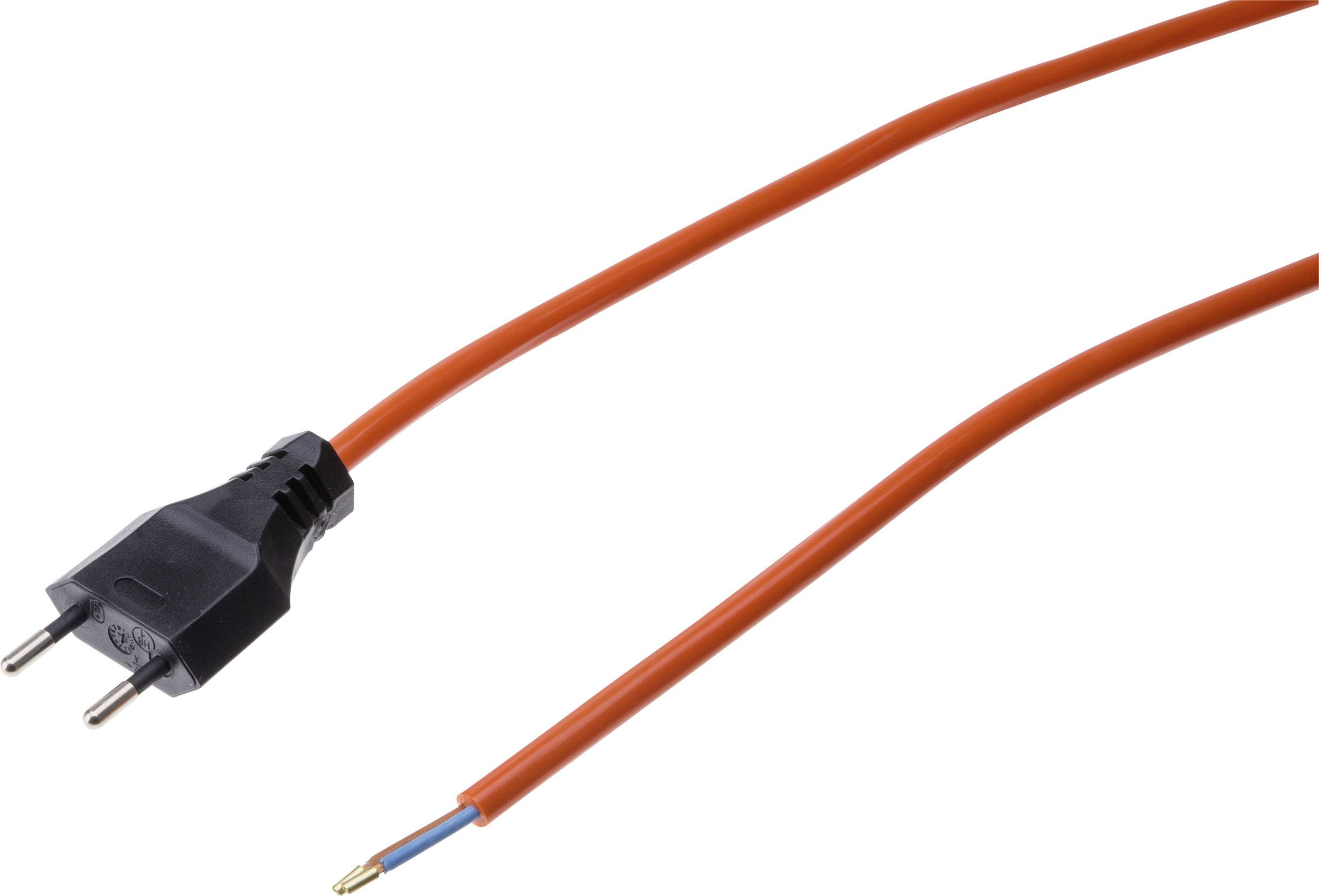 Un câble électrique orange avec une fiche européenne, dont l'extrémité est dénudée.