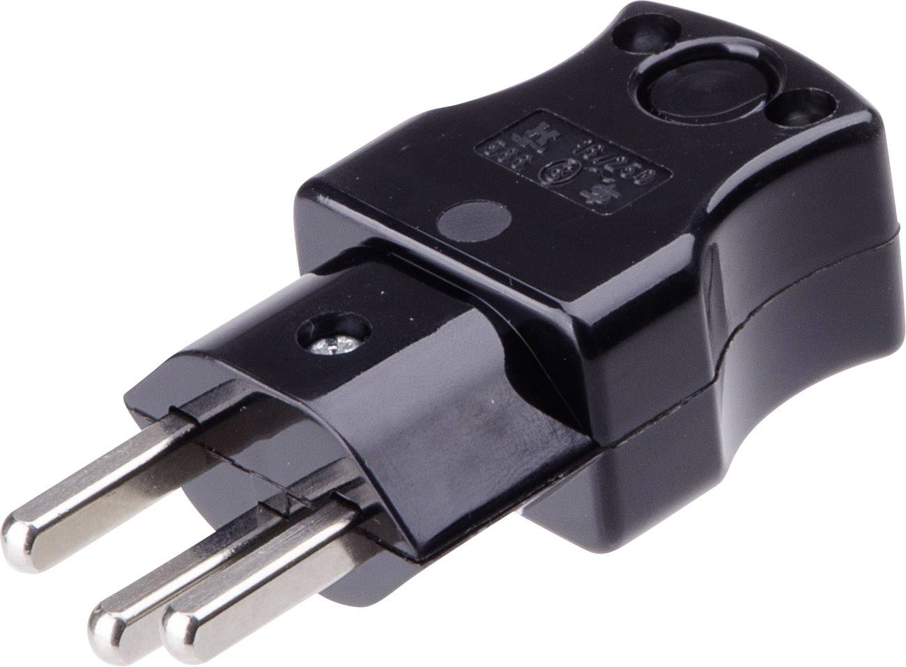 Un adaptateur secteur noir à trois broches métalliques rondes, généralement utilisé pour les prises électriques européennes.