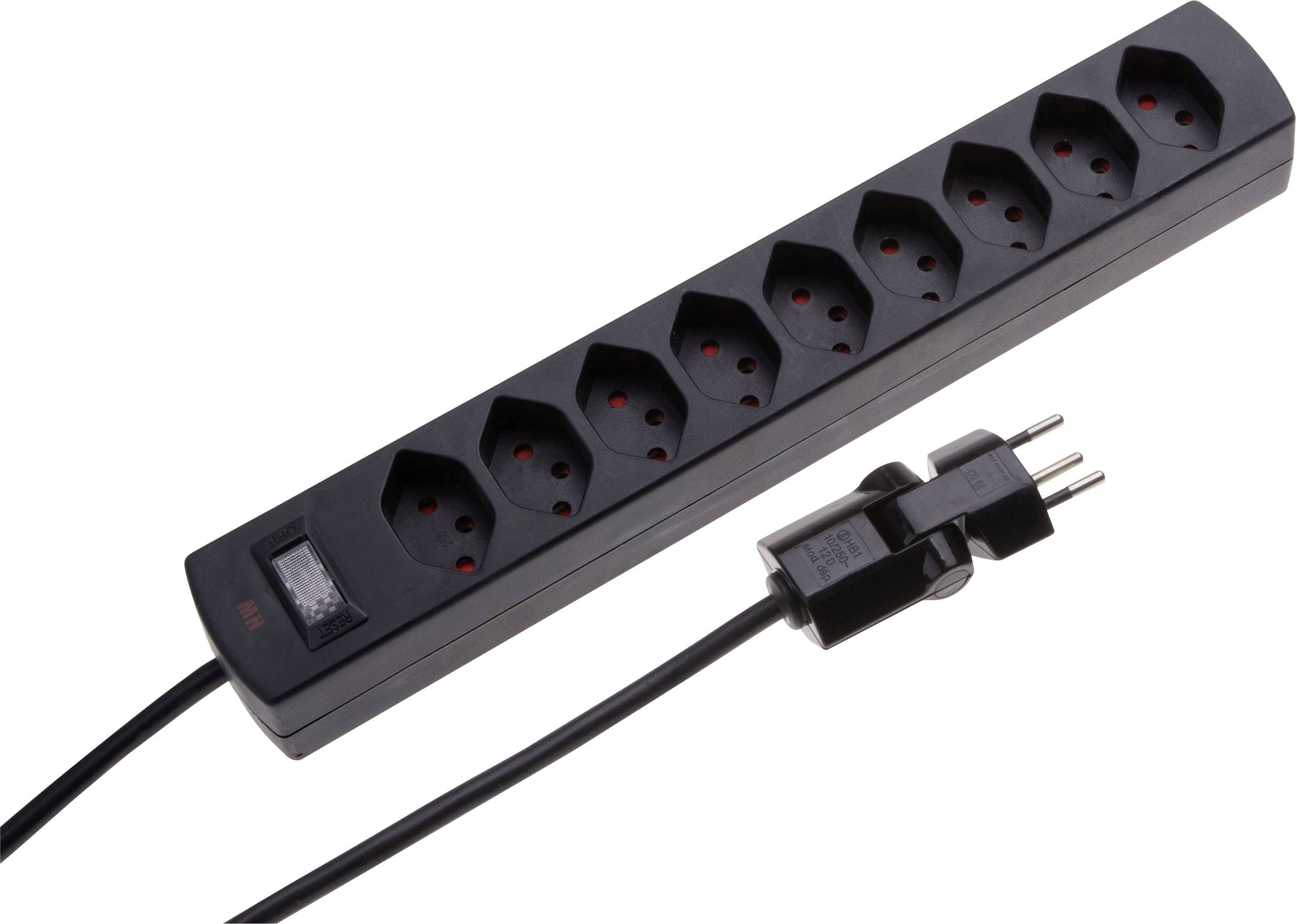 Bloc multiprise noir à huit prises avec interrupteur, relié à une fiche bipolaire.