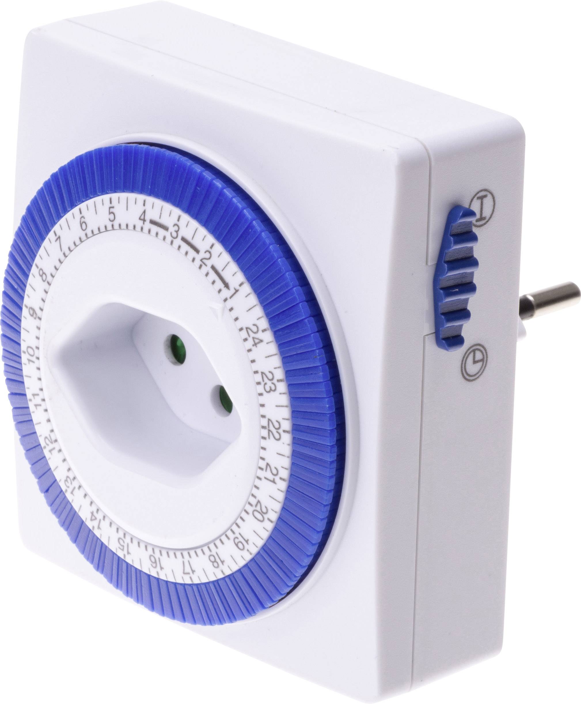 Prise électrique avec minuterie mécanique, boîtier blanc, molette de réglage bleue pour le réglage du temps.