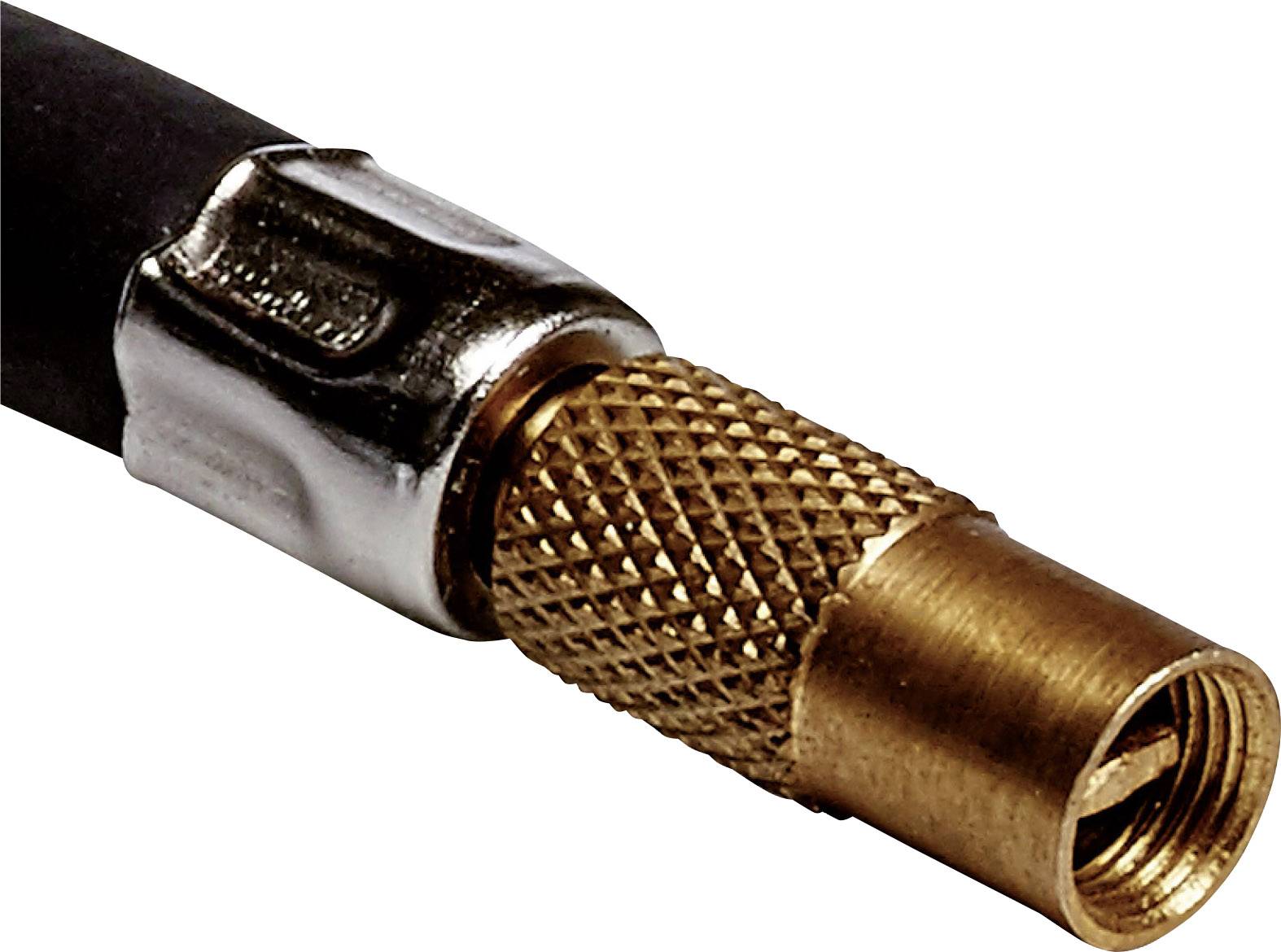 Gros plan d'une connexion de câble coaxial avec une fiche métallique striée dorée sur un câble noir.