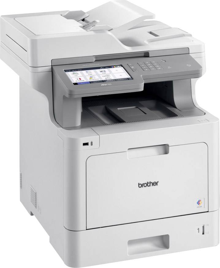 Une imprimante multifonction blanche avec écran tactile, bac à papier et unité de numérisation, adaptée à un usage de bureau.