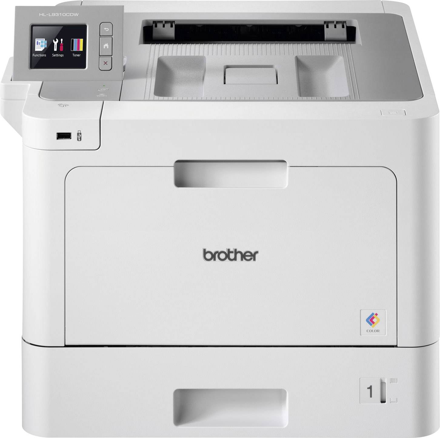 Une imprimante grise avec le panneau de commande en haut à gauche, le nom de la marque au centre, le bac de sortie papier en haut. Modèle : HL-L8350CDW.