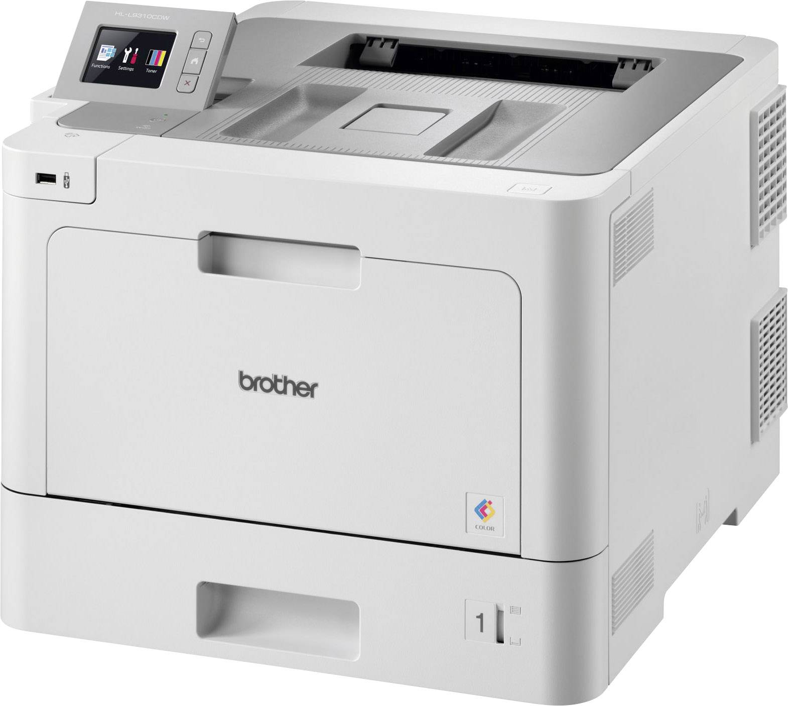 Un imprimante laser grise de Brother avec un écran LCD sur le côté gauche.