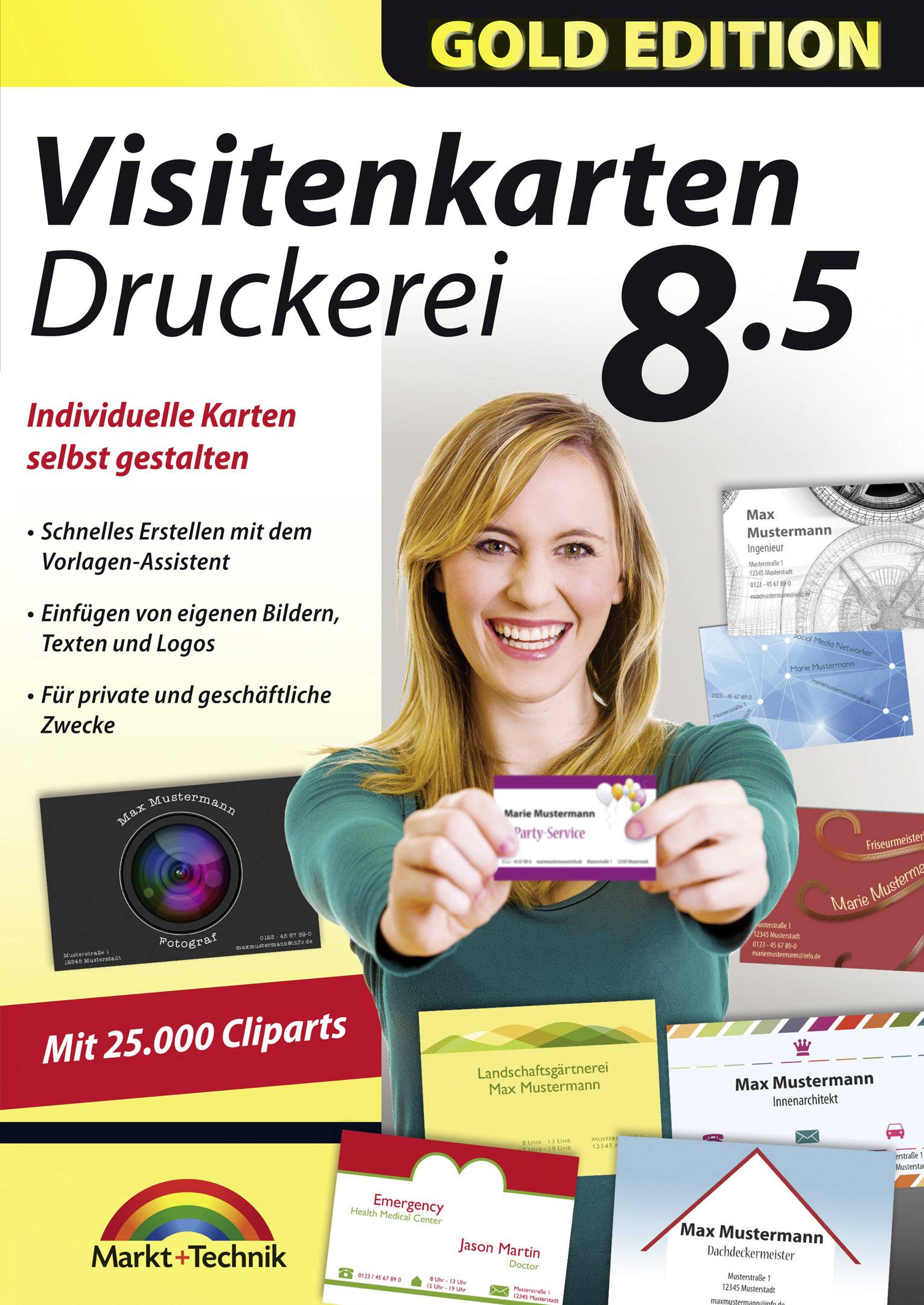 Une femme tient des cartes de visite. Texte : « Imprimerie de cartes de visite 8.5 ». Possibilités de design et cliparts mis en évidence.