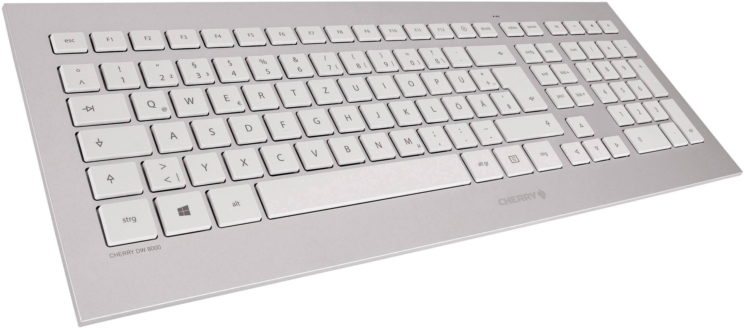 Clavier mécanique blanc avec pavé numérique, design plat, sans fil, sur fond gris.