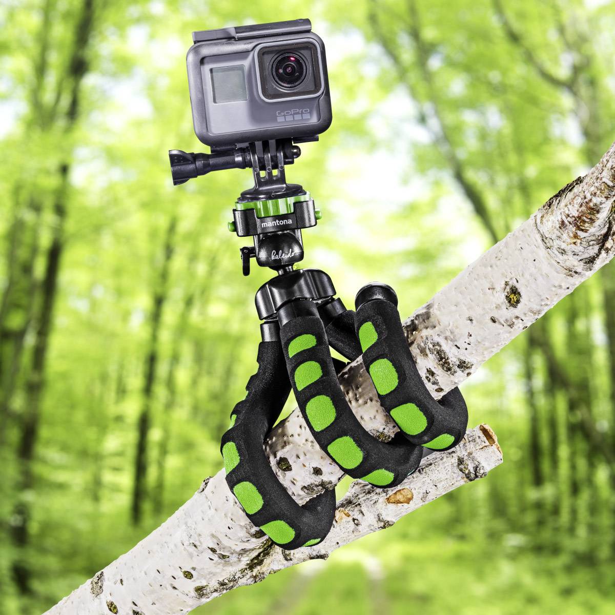Mantona Flex Trépied spécial 1/4 pouce Hauteur de travail=10 - 27 cm vert pour smartphones et GoPro-4