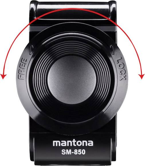Tête de trépied Mantona SM-850 avec bouton de rotation et échelle de réglage. Affiche les positions 'FREE' et 'LOCK' avec une double flèche rouge.