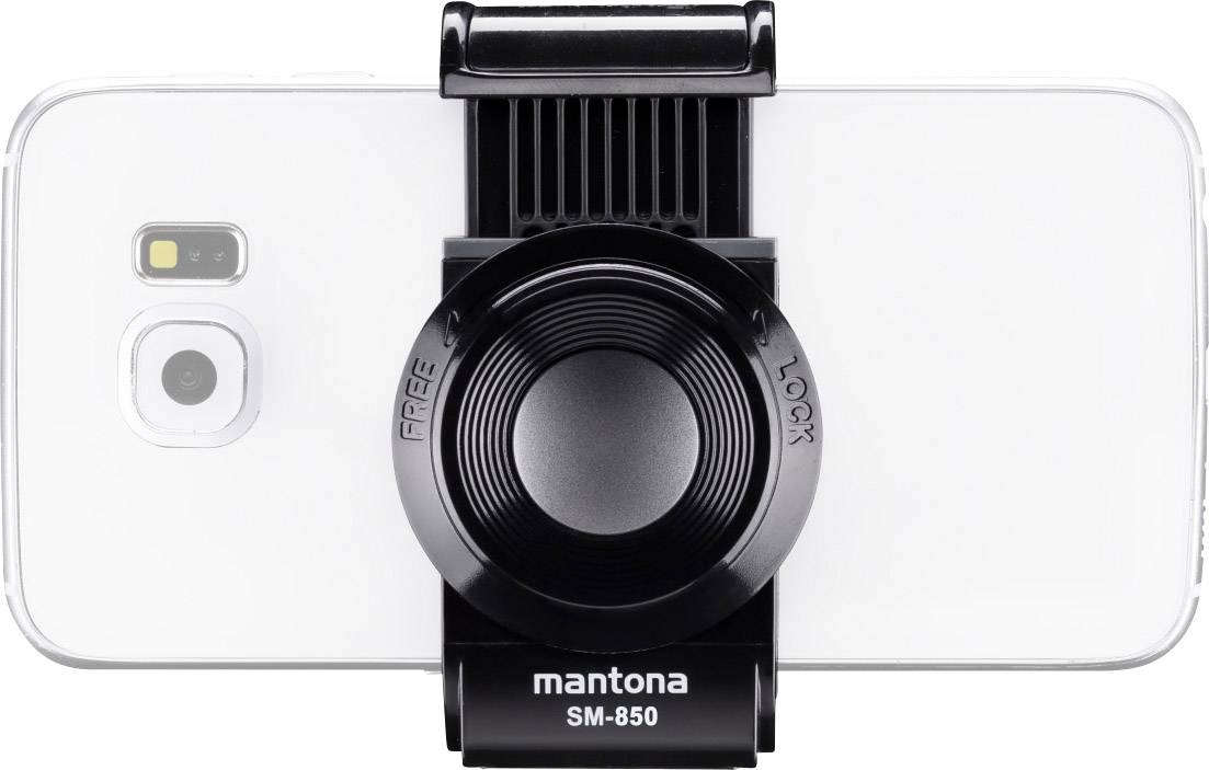 Un smartphone est fixé horizontalement dans un support noir portant l'inscription 'mantona SM-850', montrant sa caméra arrière.