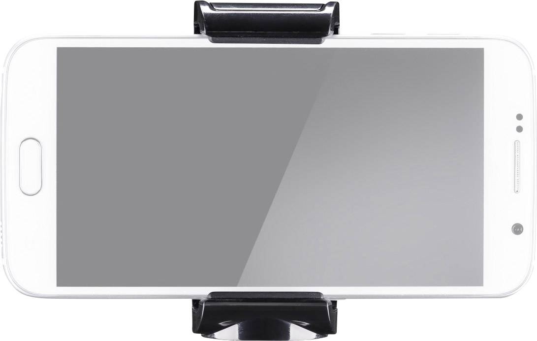 Un smartphone est posé horizontalement dans un support noir. L'écran est éteint.