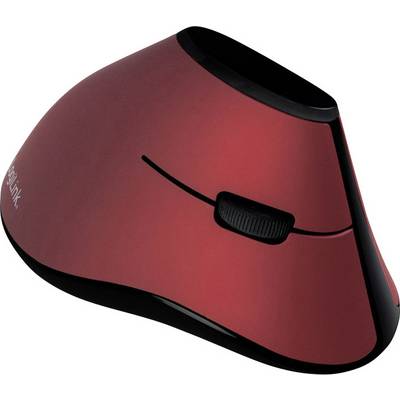 Souris ergonomique rouge avec design vertical, molette de défilement noir contrastée et forme incurvée pour soulager le poignet.
