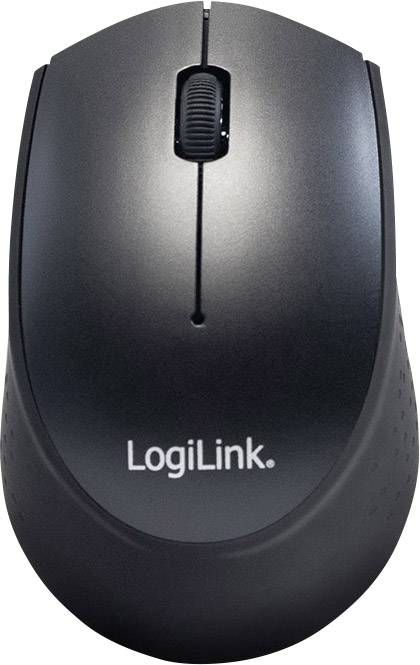 Souris d'ordinateur sans fil noire avec molette de défilement, logo 'LogiLink' sur le dessus.