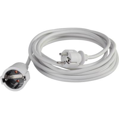 Un câble de rallonge blanc avec une fiche Schuko et une prise Schuko, enroulé et placé en boucle lâche.